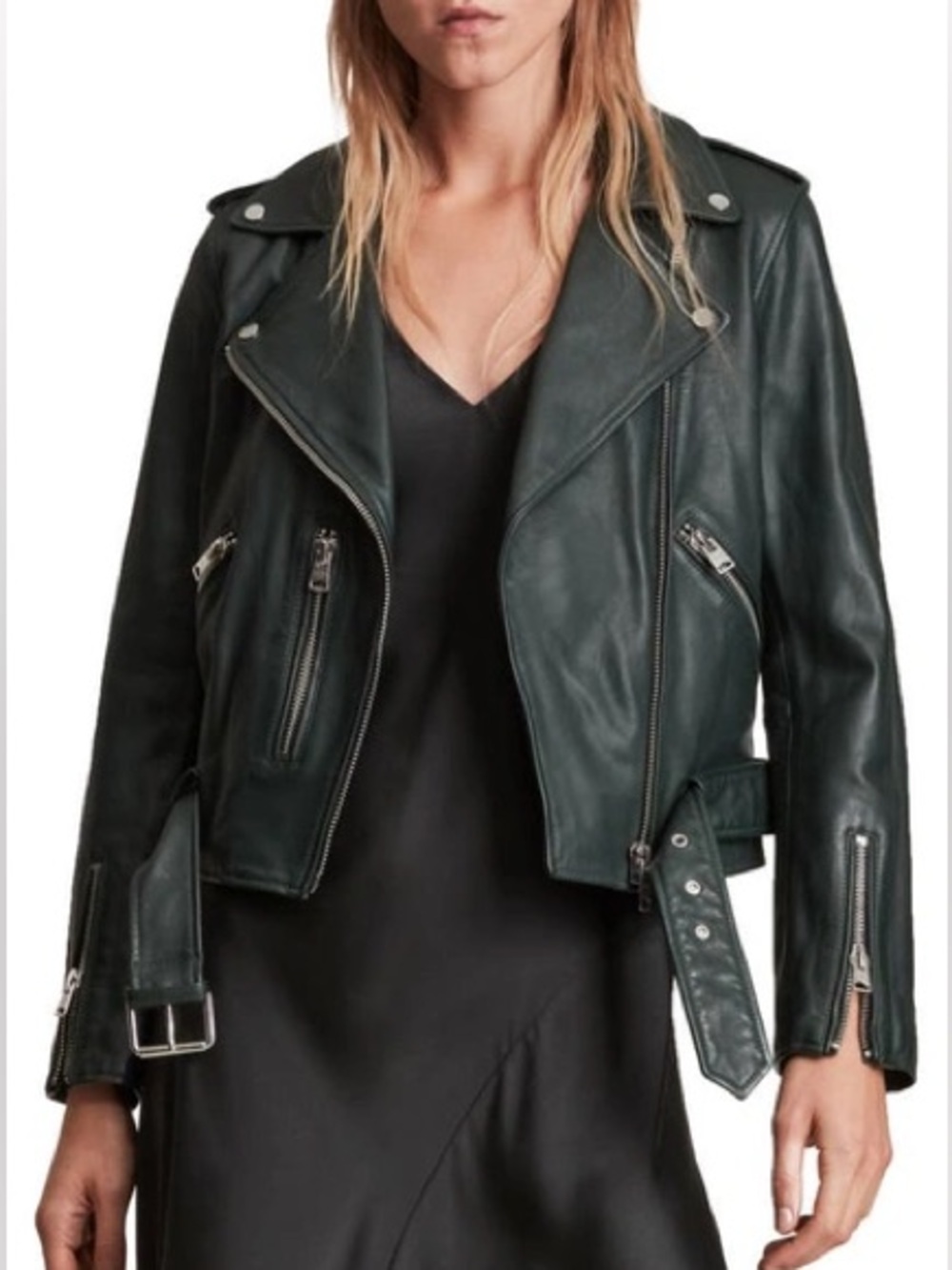 AllSaints Balfern Leather Jacket Dark Green size 6